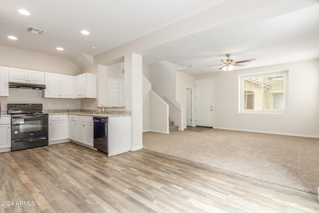 kitchen with black appliances, light carpet, sink, white cabinetry, and ceiling fan