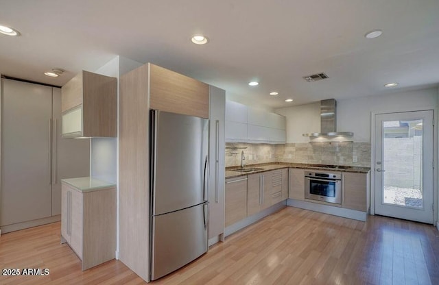 1850 E Maryland Ave Unit 63, Phoenix, AZ 85016 - kitchen featuring stainless steel appliances, wall chimney exhaust hood, a sink, modern cabinets, and light wood finished floors