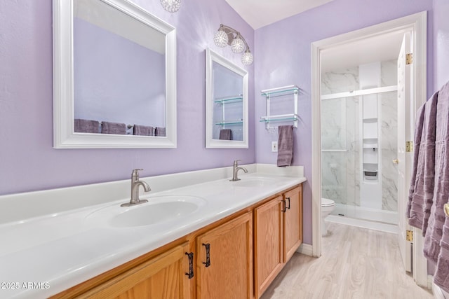 bathroom featuring vanity, hardwood / wood-style flooring, toilet, and a shower with door