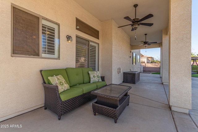 view of patio featuring ceiling fan and an outdoor hangout area