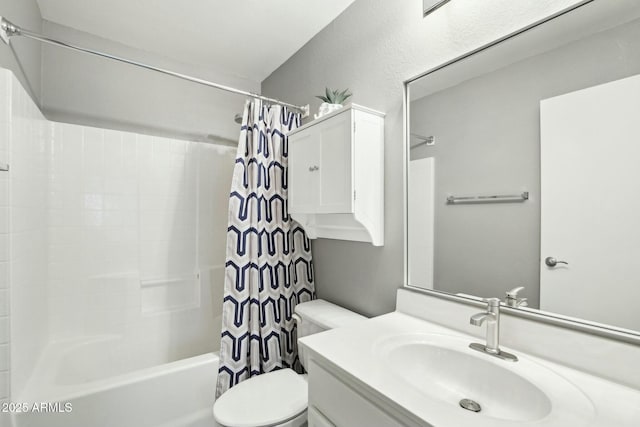 full bathroom with toilet, shower / bath combination with curtain, and vanity