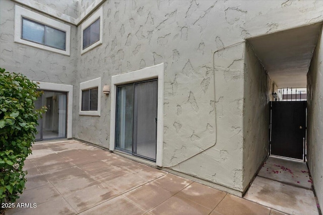 view of exterior entry with a patio and stucco siding