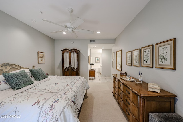 19700 N 76th St Unit 1124, Scottsdale, AZ 85255 - bedroom featuring visible vents, recessed lighting, a ceiling fan, light carpet, and ensuite bath