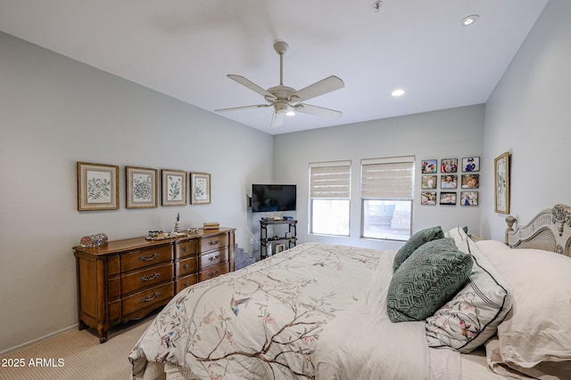 19700 N 76th St Unit 1124, Scottsdale, AZ 85255 - bedroom with light carpet, baseboards, recessed lighting, and a ceiling fan