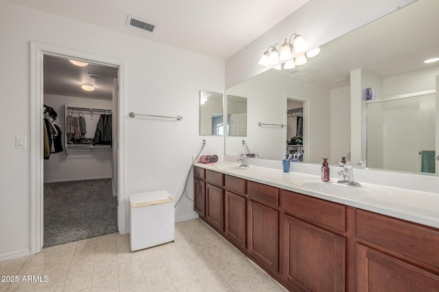 bathroom featuring vanity and a shower with door