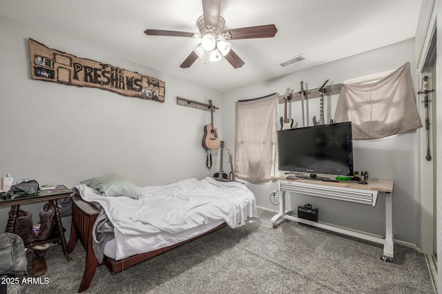 carpeted bedroom with ceiling fan