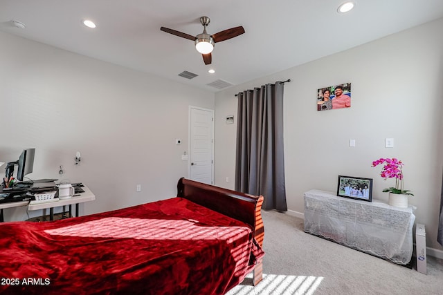 bedroom with light colored carpet and ceiling fan