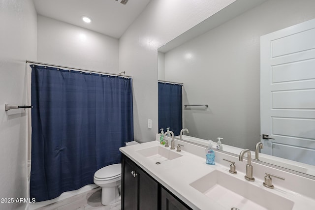 bathroom with vanity, a shower with curtain, wood-type flooring, and toilet