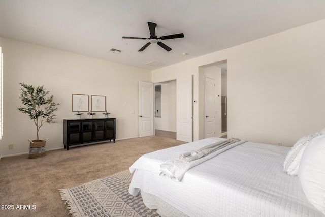 bedroom with visible vents, ceiling fan, carpet flooring, and baseboards