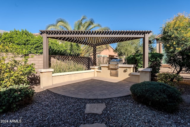 view of patio / terrace with an outdoor kitchen, a pergola, and area for grilling