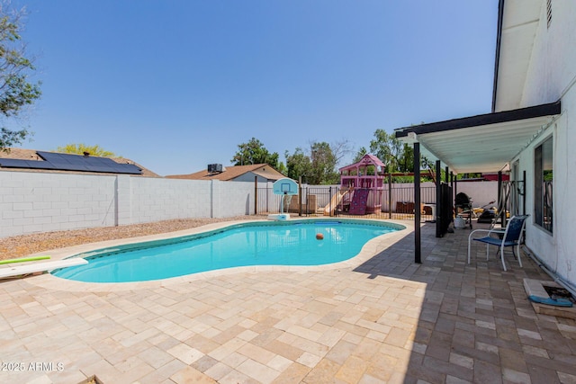 view of pool with a patio, a fenced in pool, and a fenced backyard