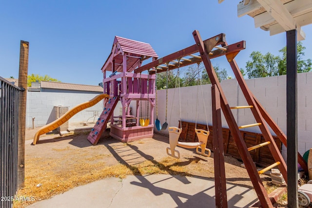 view of play area with a fenced backyard
