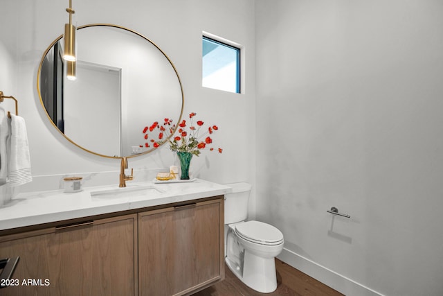 bathroom with toilet, hardwood / wood-style flooring, and vanity with extensive cabinet space