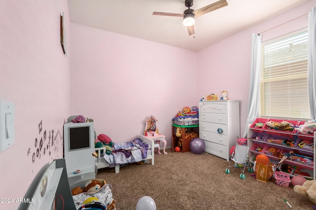 bedroom with ceiling fan and carpet