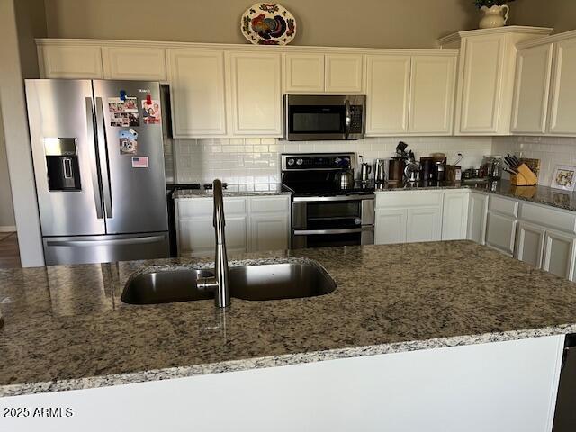 1067 N Jacobs Rd, Saint David, AZ 85630 - kitchen with appliances with stainless steel finishes, a sink, white cabinets, and stone countertops