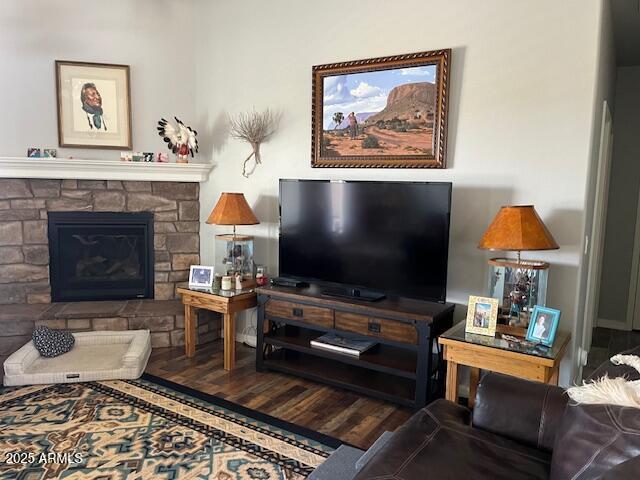 1067 N Jacobs Rd, Saint David, AZ 85630 - living area featuring a stone fireplace and wood finished floors