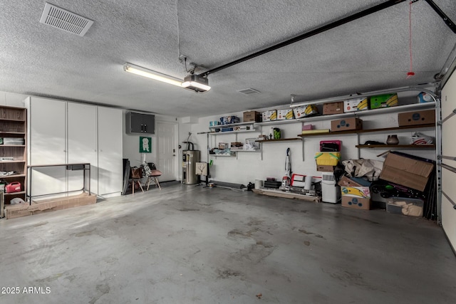 garage with a garage door opener and water heater