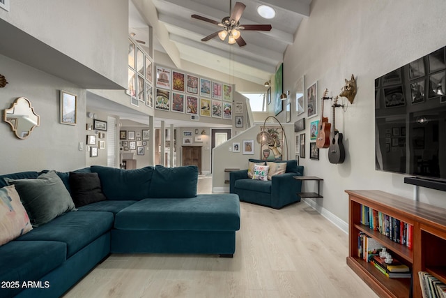 living room with wood-type flooring, high vaulted ceiling, ceiling fan, and beam ceiling