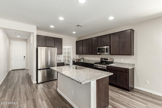 kitchen featuring dark brown cabinetry, visible vents, appliances with stainless steel finishes, and a sink