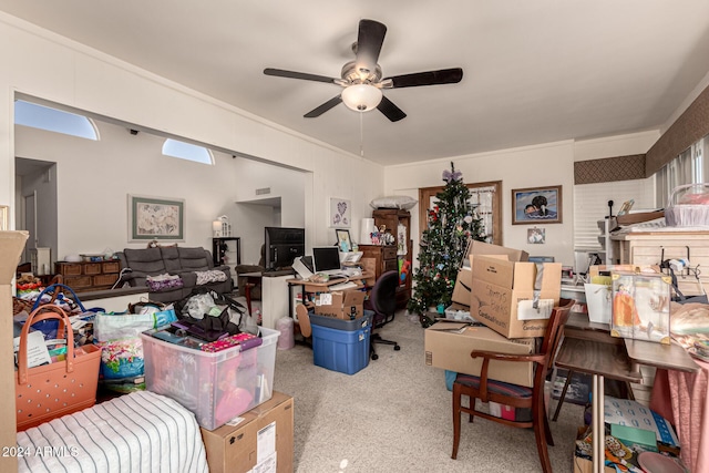 misc room with ceiling fan and light colored carpet