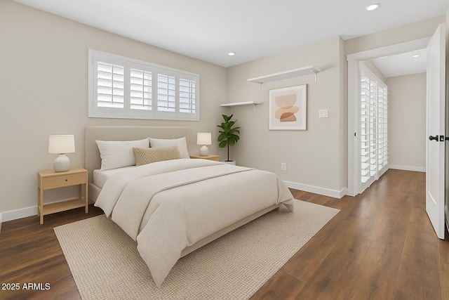 bedroom with baseboards, dark wood-style flooring, and recessed lighting