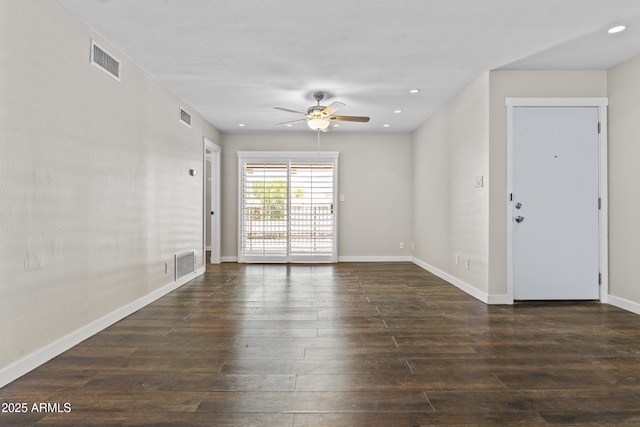 unfurnished room featuring a ceiling fan, wood finished floors, baseboards, and recessed lighting