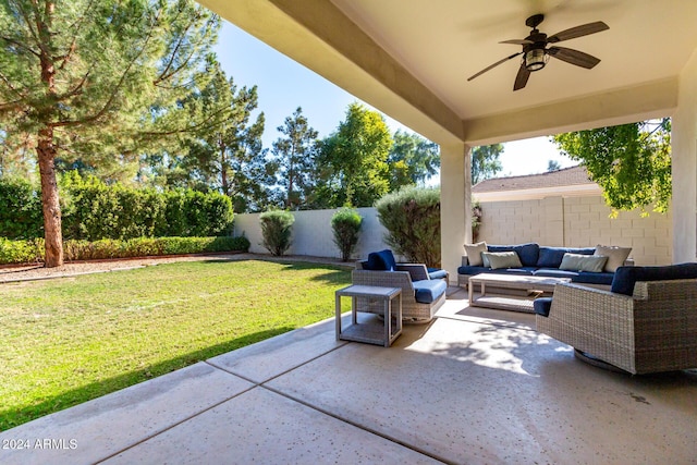 view of patio / terrace featuring ceiling fan and an outdoor hangout area