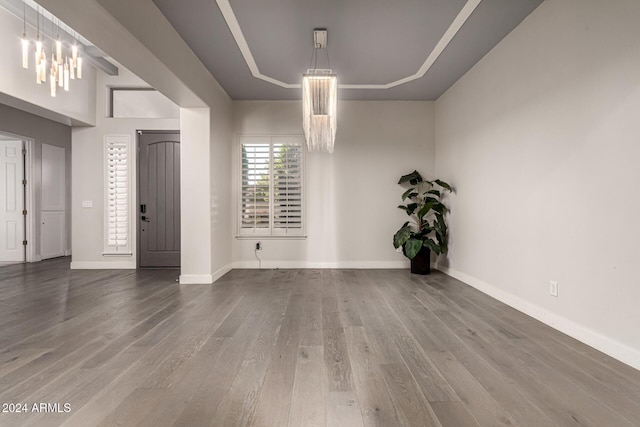 spare room featuring hardwood / wood-style flooring and a tray ceiling