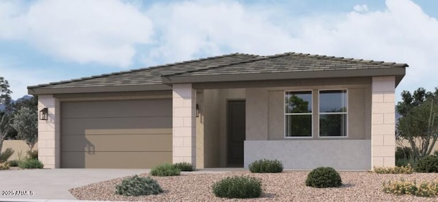 ranch-style house with concrete driveway, an attached garage, a tiled roof, and stucco siding