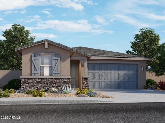 15997 W Bronco Trl, Surprise, AZ 85387 - view of front of home featuring stone siding, stucco siding, an attached garage, and driveway