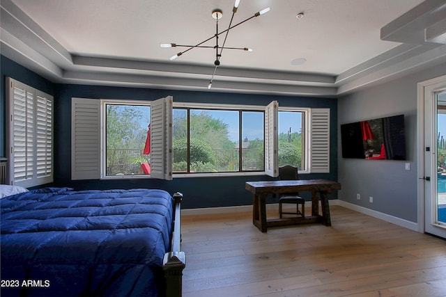 bedroom featuring wood-type flooring and a raised ceiling