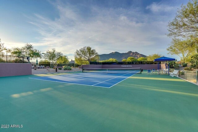 view of sport court featuring a mountain view