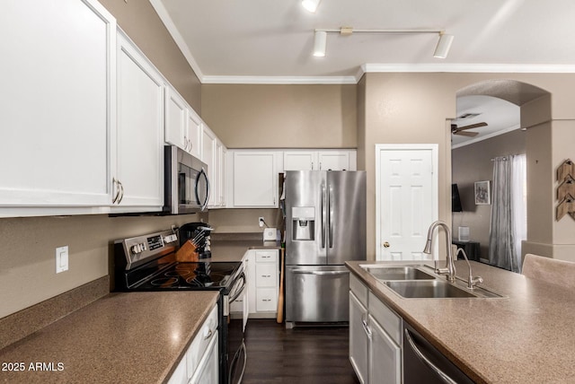 kitchen with sink, crown molding, ceiling fan, appliances with stainless steel finishes, and white cabinets