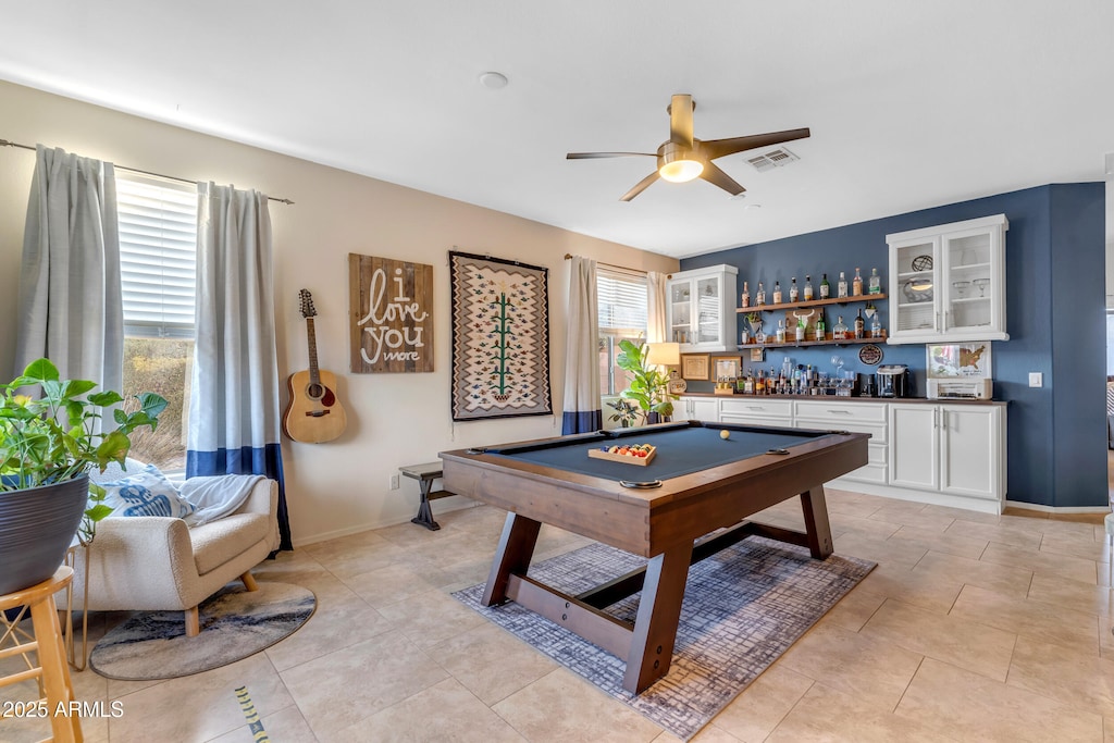 2882 E Indian Wells Pl, Chandler, AZ 85249 - playroom featuring visible vents, pool table, light tile patterned floors, indoor bar, and ceiling fan