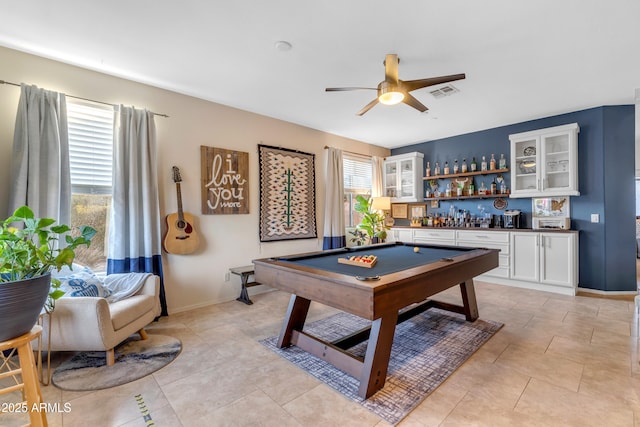 playroom featuring visible vents, pool table, light tile patterned floors, indoor bar, and ceiling fan