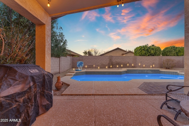 view of pool with a patio area, a fenced in pool, a fenced backyard, and grilling area