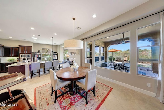 dining area featuring recessed lighting, baseboards, visible vents, and light tile patterned floors
