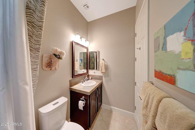 full bathroom featuring tile patterned flooring, vanity, toilet, baseboards, and visible vents