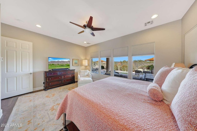 bedroom with ceiling fan, recessed lighting, wood finished floors, and visible vents