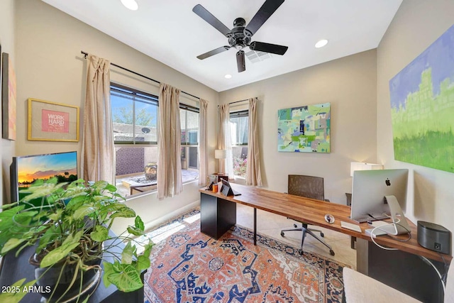 office area with baseboards, ceiling fan, and recessed lighting