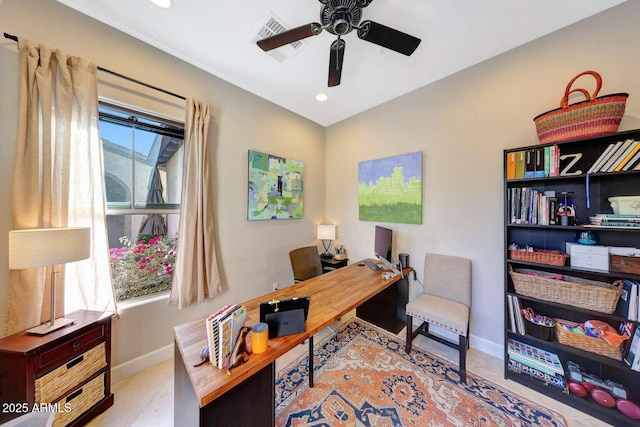 home office with baseboards, a ceiling fan, recessed lighting, and visible vents