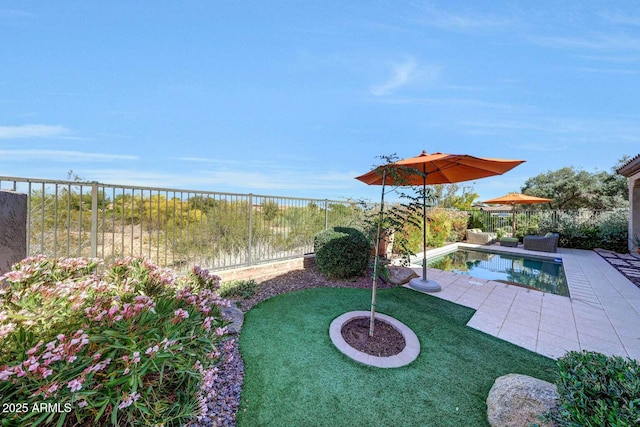 view of yard with a fenced in pool, a fenced backyard, and a patio area