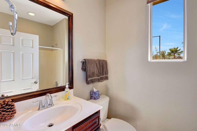 bathroom with vanity, walk in shower, and toilet