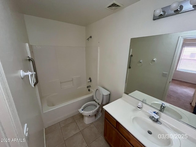 bathroom featuring tile patterned flooring, vanity, toilet, bathing tub / shower combination, and visible vents