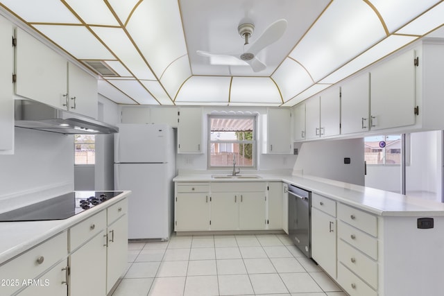 kitchen featuring dishwasher, freestanding refrigerator, black electric cooktop, under cabinet range hood, and a sink