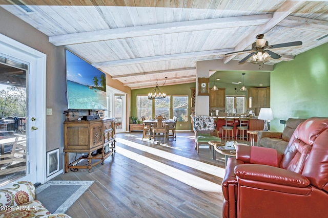 living room with hardwood / wood-style flooring, wood ceiling, ceiling fan with notable chandelier, and vaulted ceiling with beams