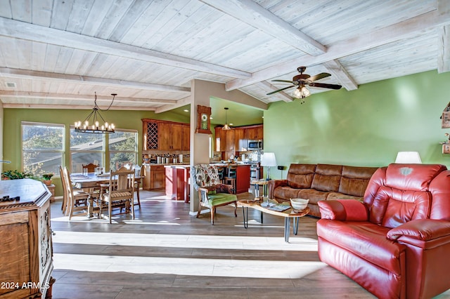 living room with vaulted ceiling with beams, light hardwood / wood-style flooring, and wooden ceiling