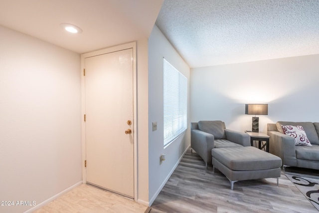 living area featuring a textured ceiling and hardwood / wood-style flooring