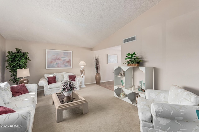 carpeted living room with lofted ceiling and a textured ceiling