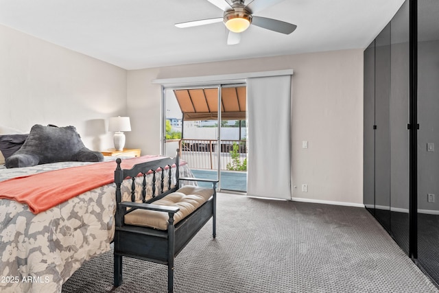 carpeted bedroom with access to exterior and ceiling fan